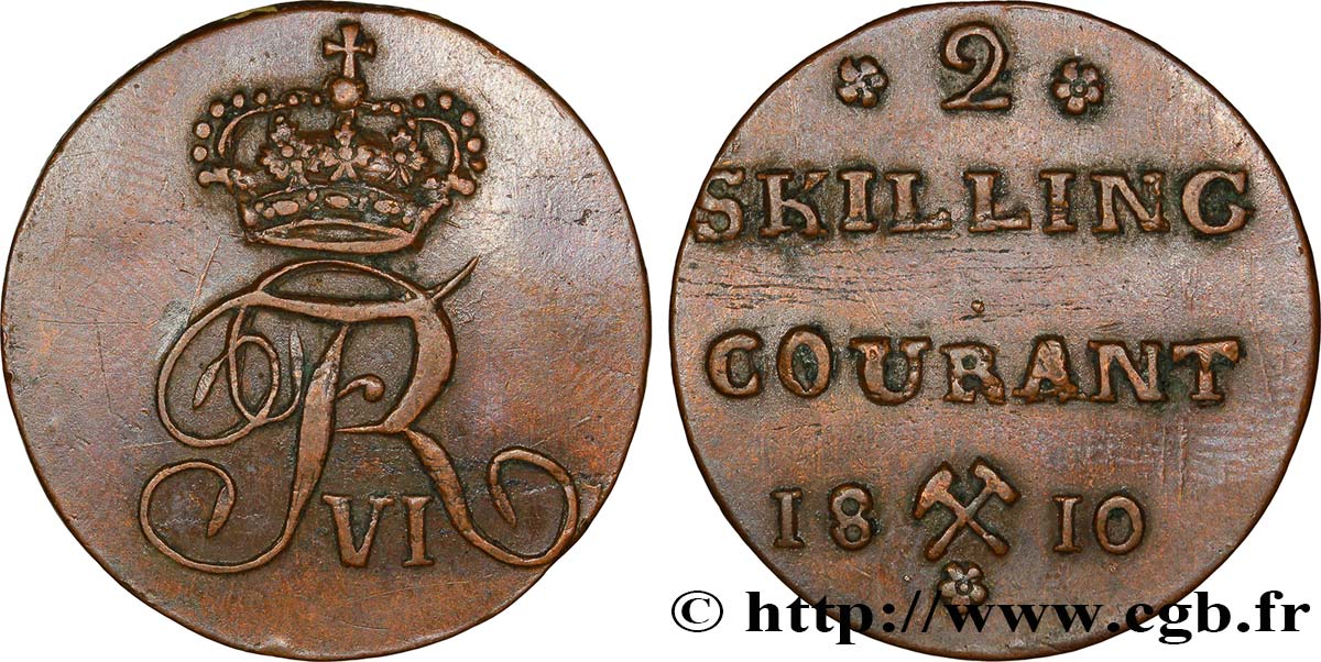 NORWAY 2 Skilling monogramme de Frédéric VI roi du Danemark variété avec fleurettes à 5 pétales 1810 Kongsberg XF 