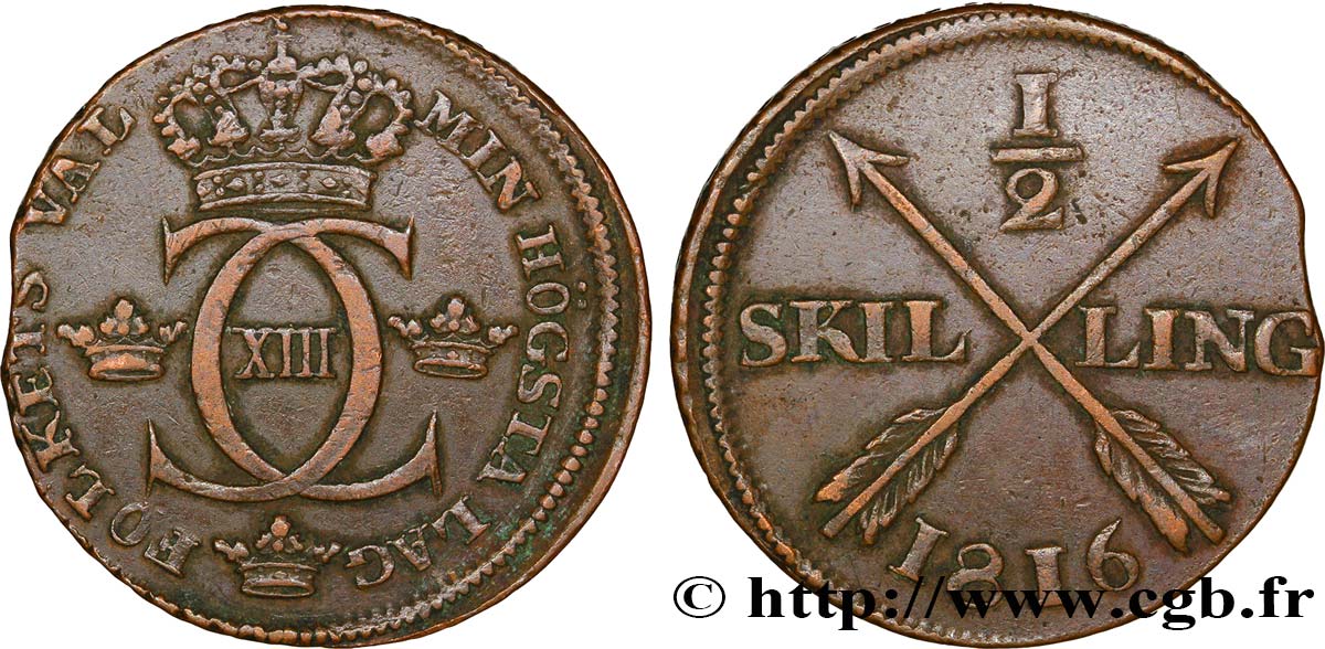 SUÈDE 1/2 Skilling monogramme du roi Charles XIII 1816  TTB 