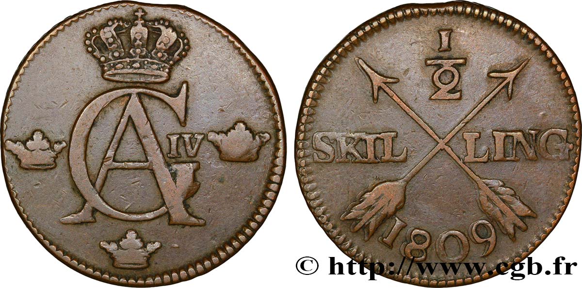 SUÈDE 1/2 Skilling monogramme du roi Gustave IV Adolphe 1809  TB+ 