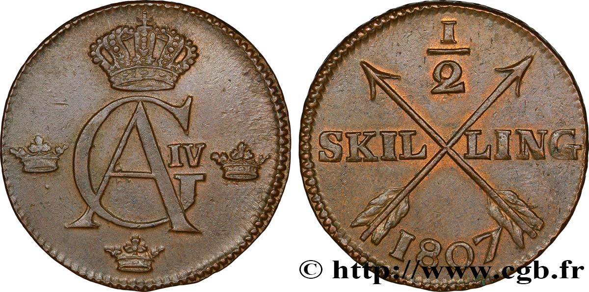 SUÈDE 1/2 Skilling monograme du roi Gustave IV Adolphe 1807  TTB+ 