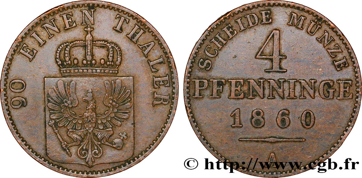 GERMANY - PRUSSIA 4 Pfenninge Royaume de Prusse écu à l’aigle 1860 Berlin AU 