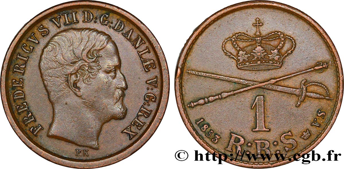 DANEMARK 1 Rigsbankskilling Frédéric VII 1853 Altona SUP 