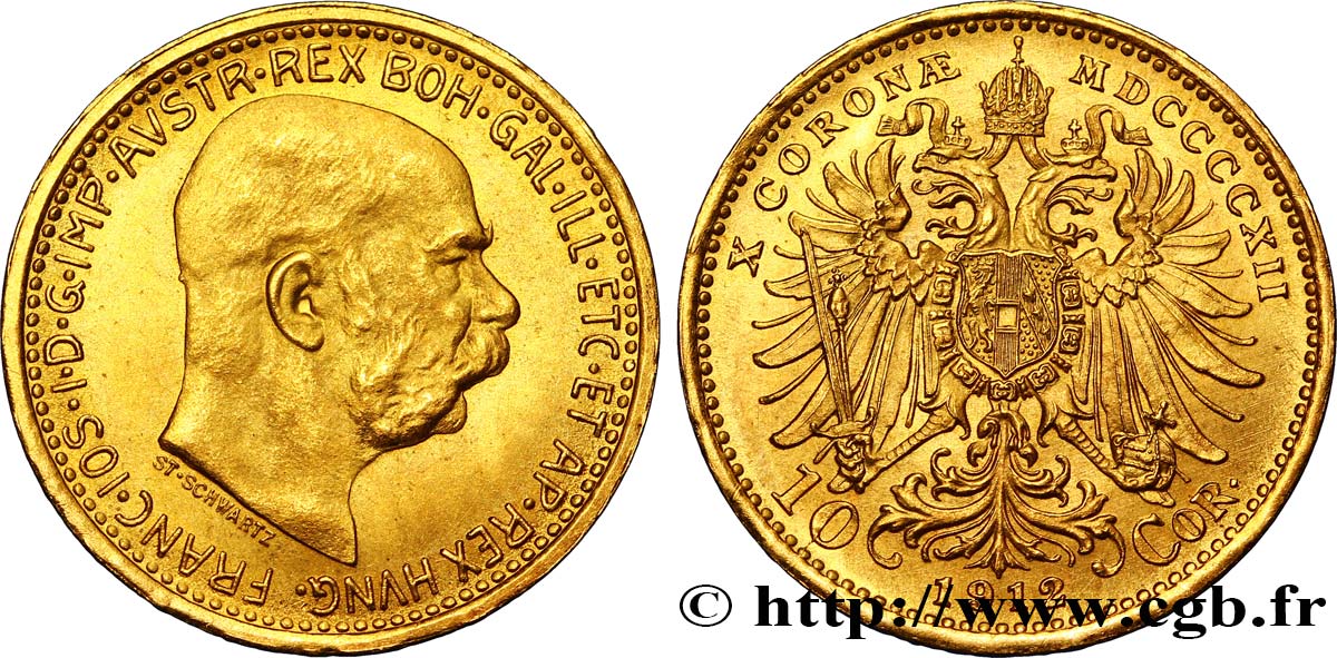 AUTRICHE 10 Corona or François Joseph Ier, 3e type / Aigle bicéphale couronné 1912 Vienne SPL 