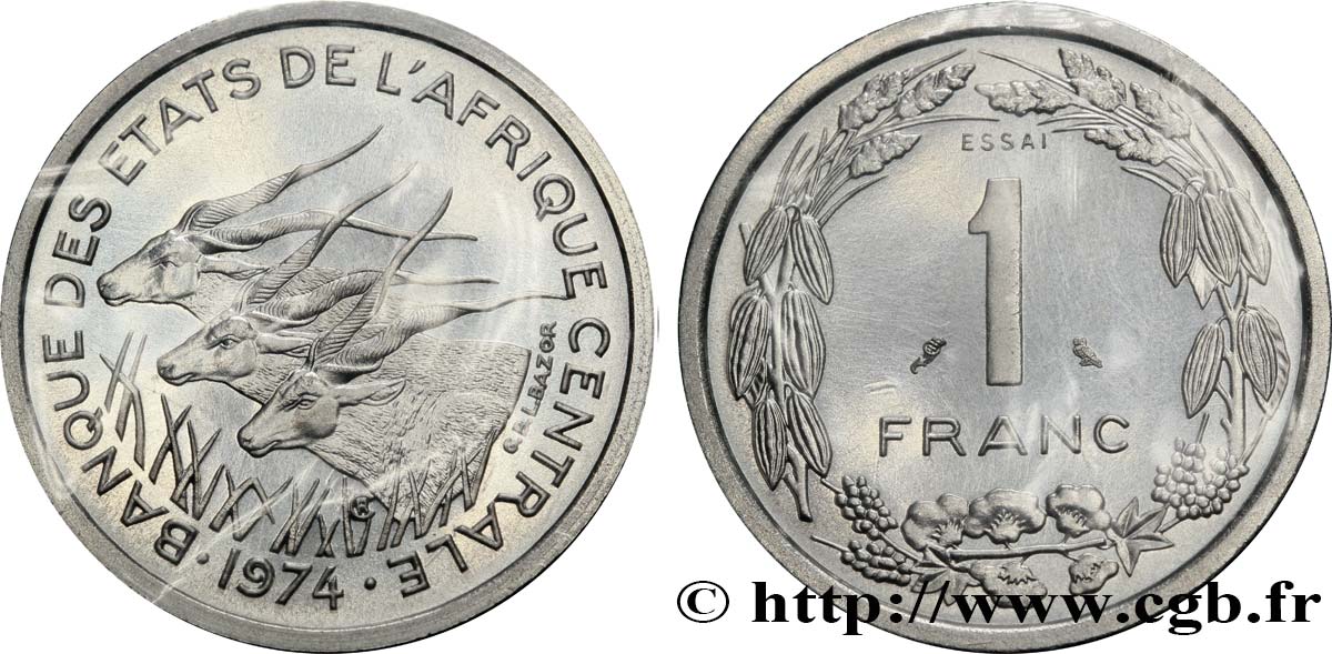 ESTADOS DE ÁFRICA CENTRAL
 Essai de 1 Franc antilopes 1974 Paris FDC 