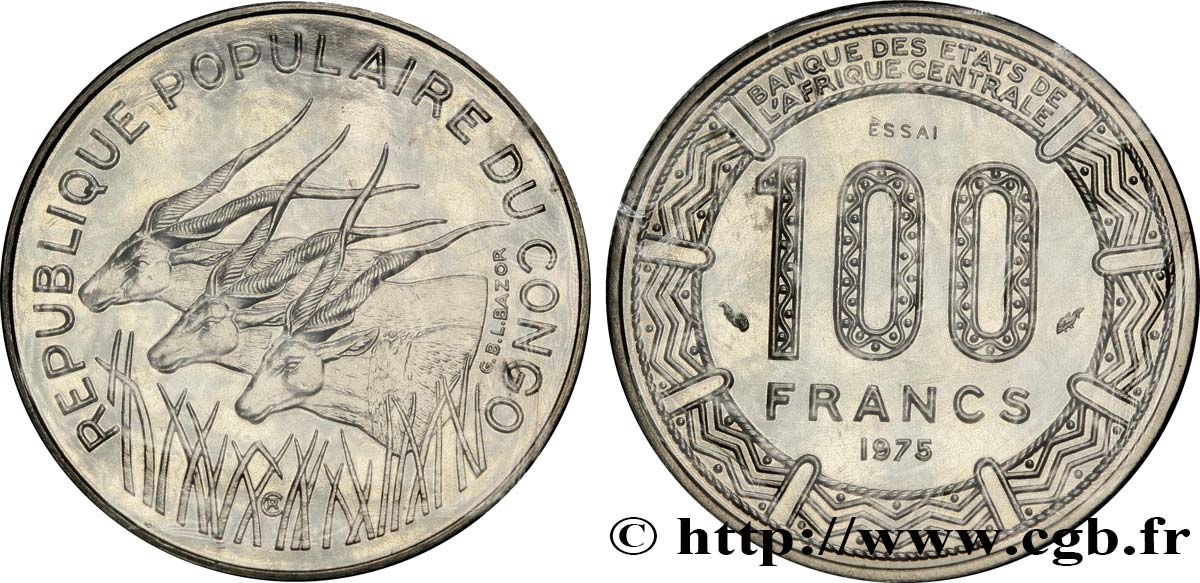 REPUBBLICA DEL CONGO Essai de 100 Francs type “BCEAC”, antilopes 1975 Paris FDC 