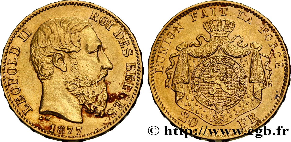 BELGIO 20 Francs or Léopold II 1877 Bruxelles BB 