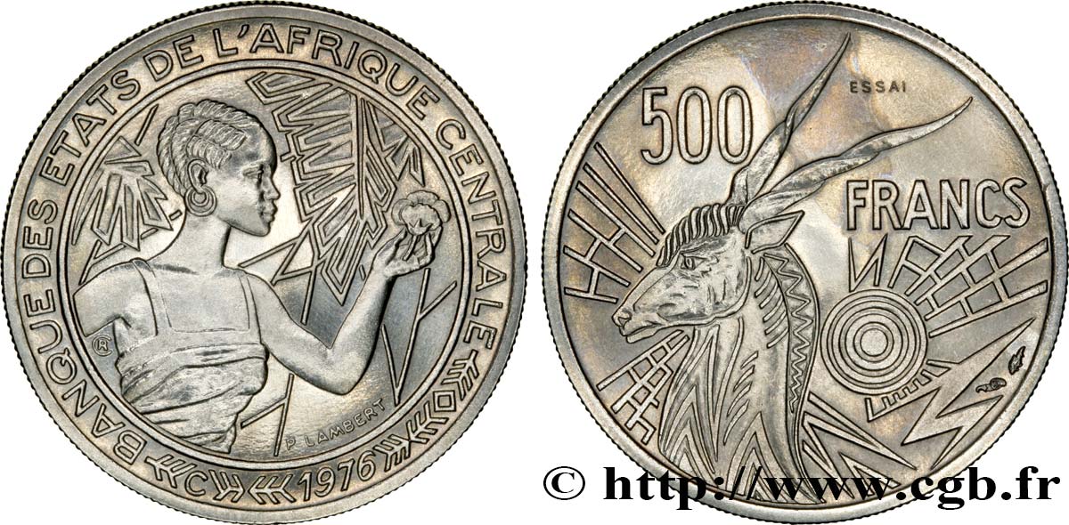 ESTADOS DE ÁFRICA CENTRAL
 Essai de 500 Francs femme / antilope lettre ‘C’ Congo 1976 Paris SC 