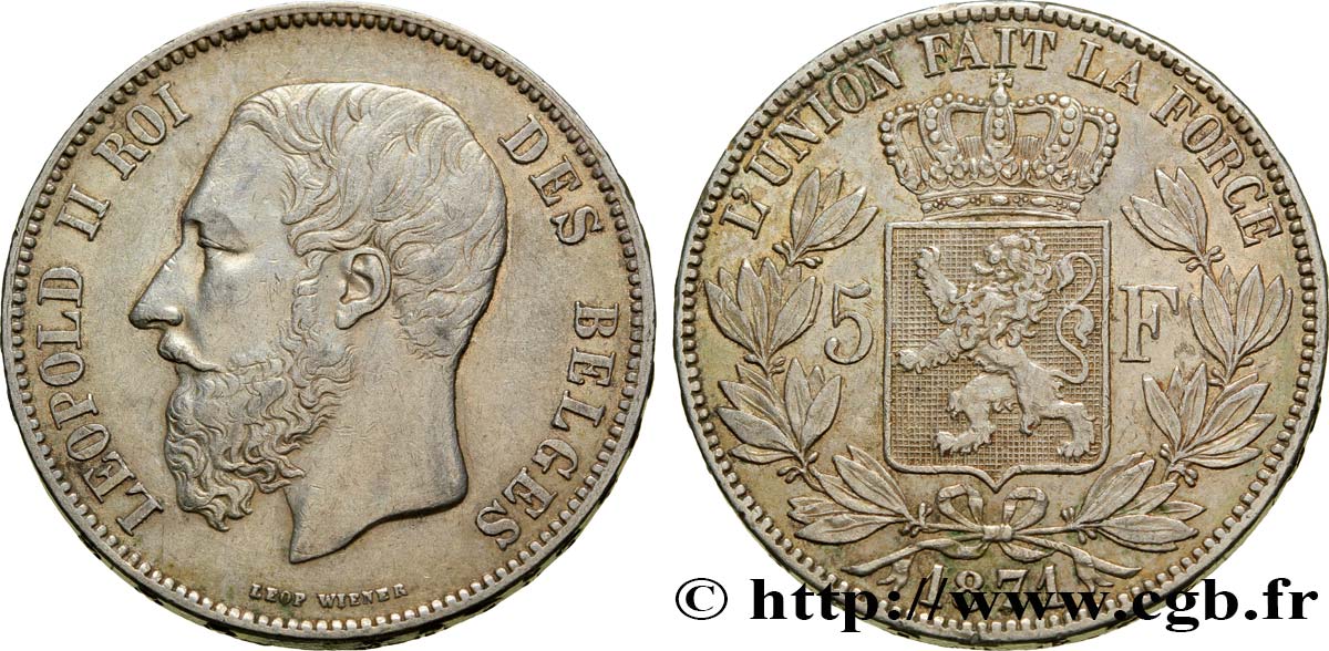 BÉLGICA 5 Francs Léopold II 1871  MBC 
