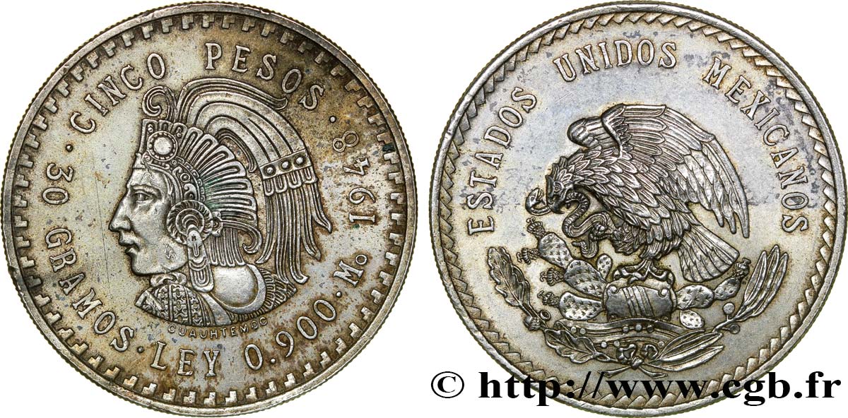 MÉXICO 5 Pesos Aigle / buste de Cuauhtemoc 1948 Mexico MBC+ 