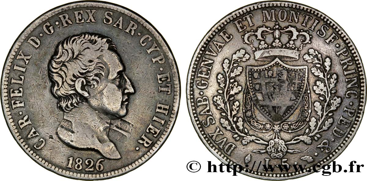 ITALY - KINGDOM OF SARDINIA 5 Lire Charles Félix, roi de Sardaigne 1826 Gênes XF 