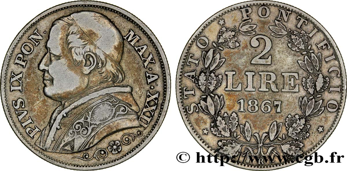 VATICAN AND PAPAL STATES 2 Lire Pie IX 1867 Rome VF 