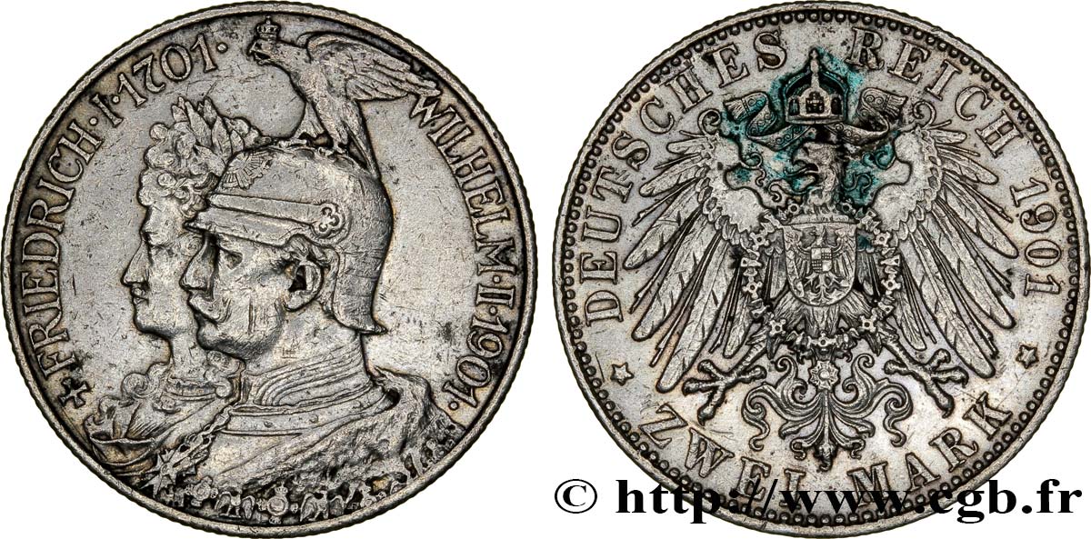 GERMANY - PRUSSIA 2 Mark Royaume de Prusse Guillaume II 200e anniversaire de la Prusse / aigle.. 1901 Berlin VF 