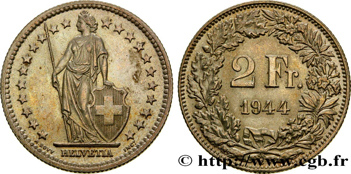 SVIZZERA  2 Francs Helvetia 1944 Berne - B SPL 