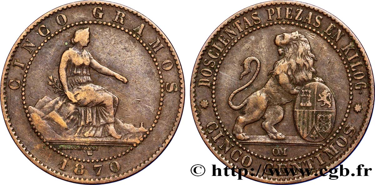 ESPAGNE 5 Centimos “ESPAÑA” assise / lion au bouclier 1870 Oeschger Mesdach & CO TTB 