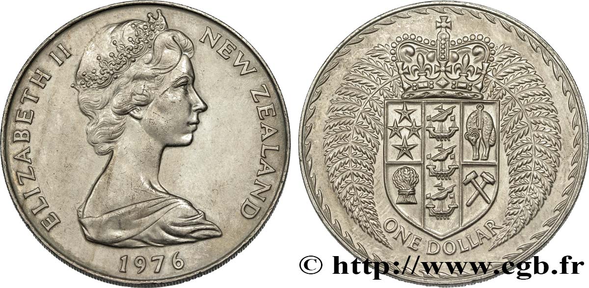 NOUVELLE-ZÉLANDE 1 Dollar Elisabeth II / Emblème couronné entouré de fougères 1976 Royal British Mint SUP 