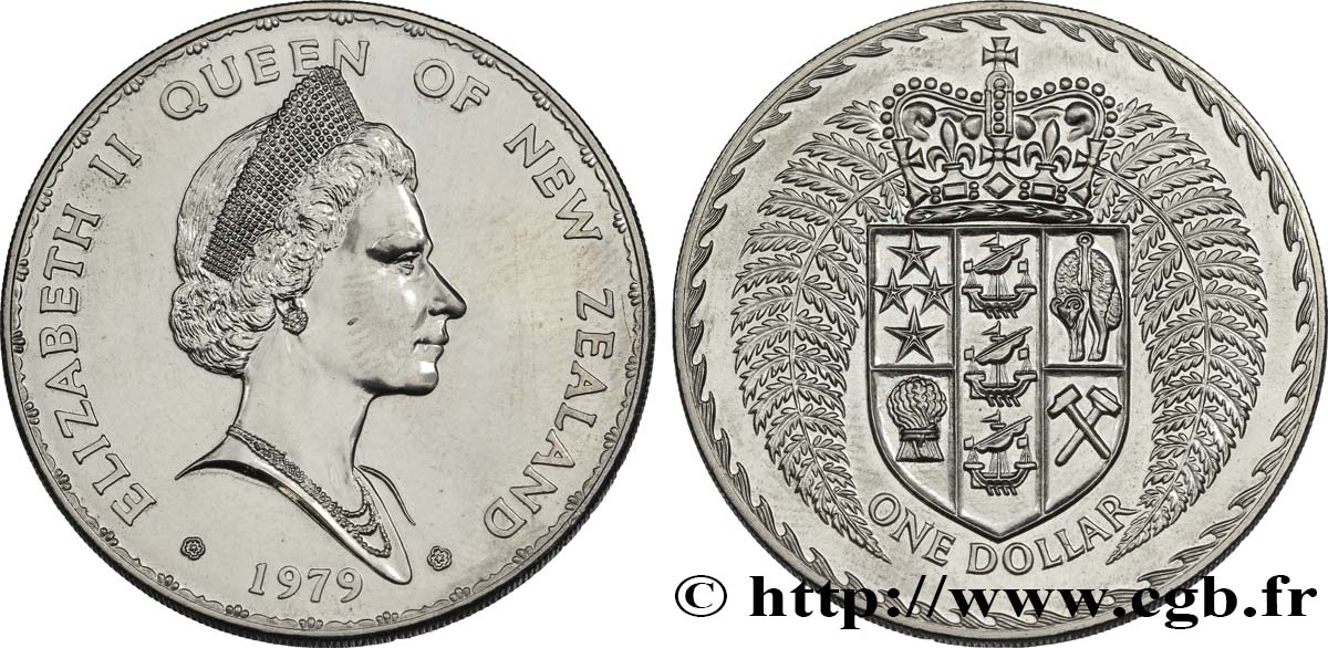NOUVELLE-ZÉLANDE 1 Dollar Elisabeth II / Emblème couronné entouré de fougères 1979 Monnaie Royale du Canada SUP 