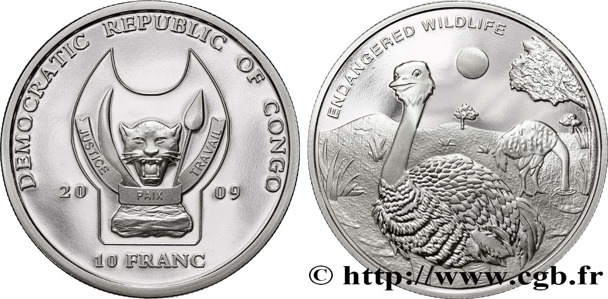 CONGO, DEMOCRATIC REPUBLIC 10 Franc(s) Proof Espèces en danger : autruches 2009  MS 