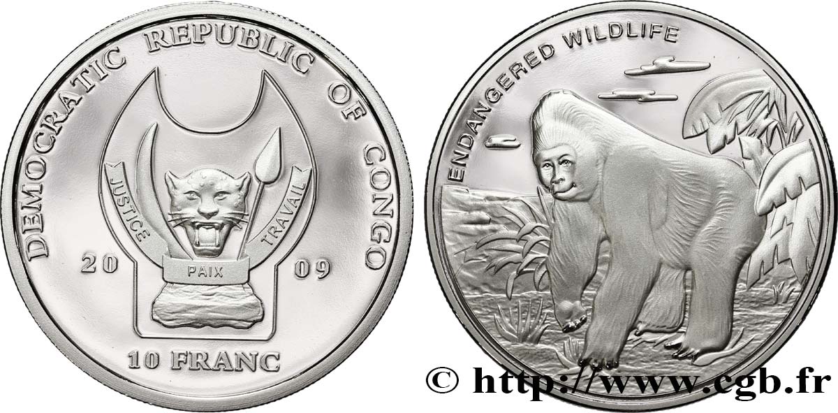 CONGO, DEMOCRATIC REPUBLIC 10 Franc(s) Proof Espèces en danger : gorille 2009  MS 