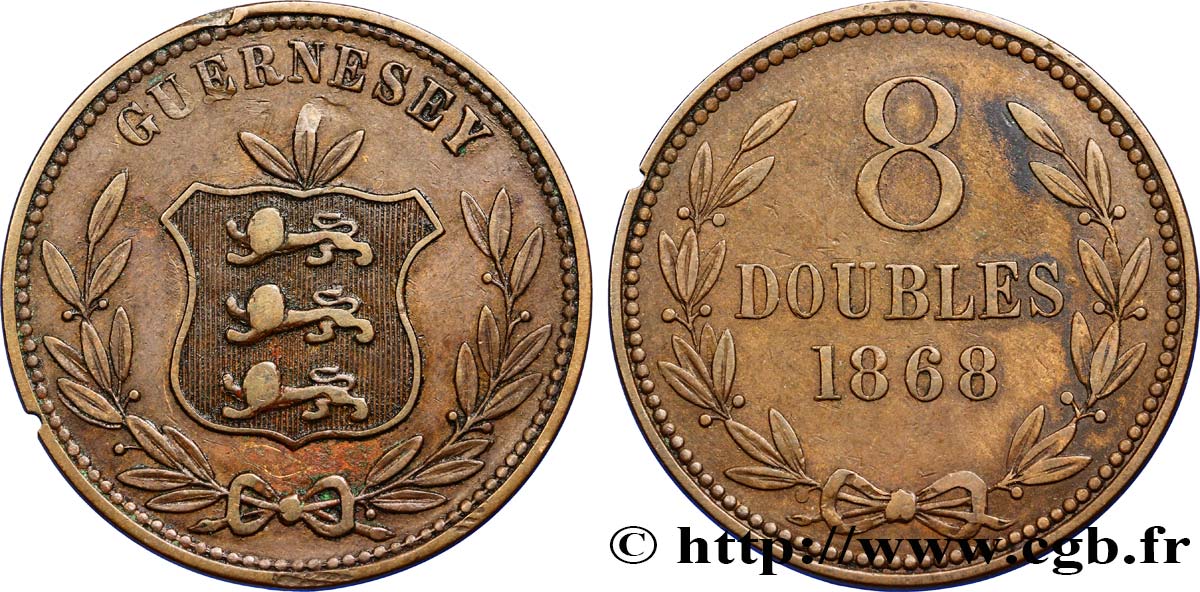 GUERNSEY 8 Doubles armes du baillage de Guernesey 1868 Heaton XF 