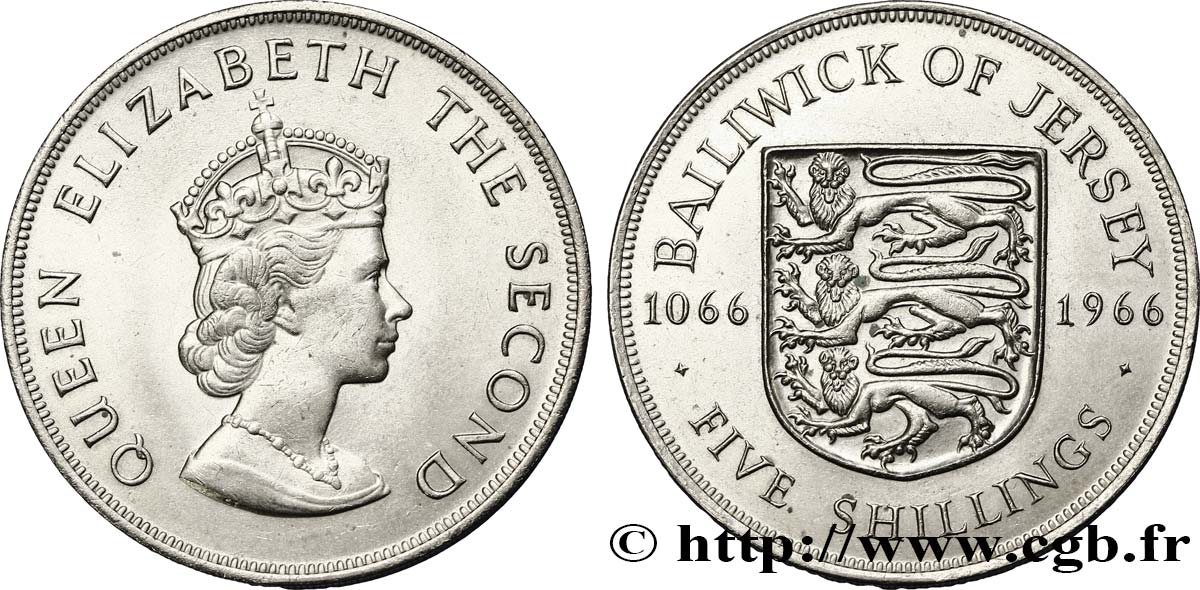 JERSEY 5 Shilling Elisabeth II / armes du Baillage de Jersey 1966  SUP 