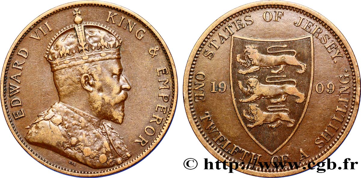 JERSEY 1/12 Shilling Edouard VII / armes du Baillage de Jersey 1909  TTB 