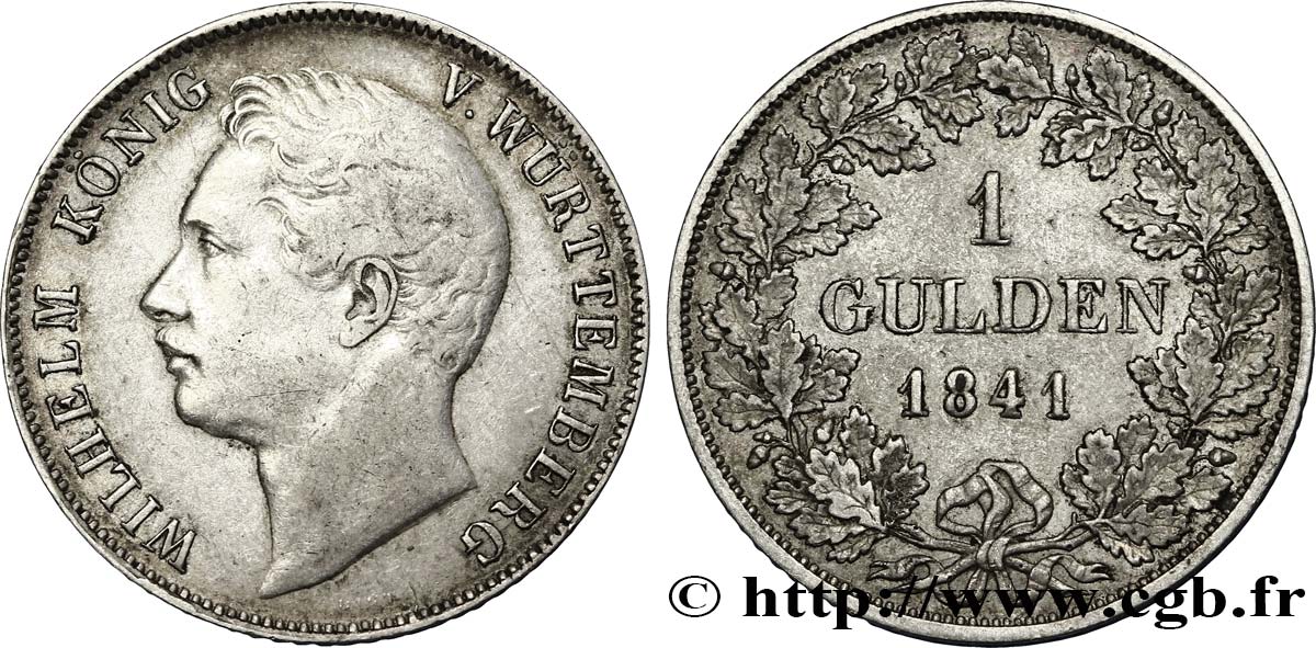 ALLEMAGNE - WURTEMBERG 1 Gulden Guillaume roi du Wurtemberg 1841 Stuttgart TTB 