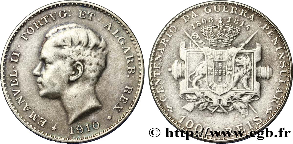 PORTUGAL 1000 Reis Emmanuel II / centenaire de la Guerre péninsulaire 1910  TTB 