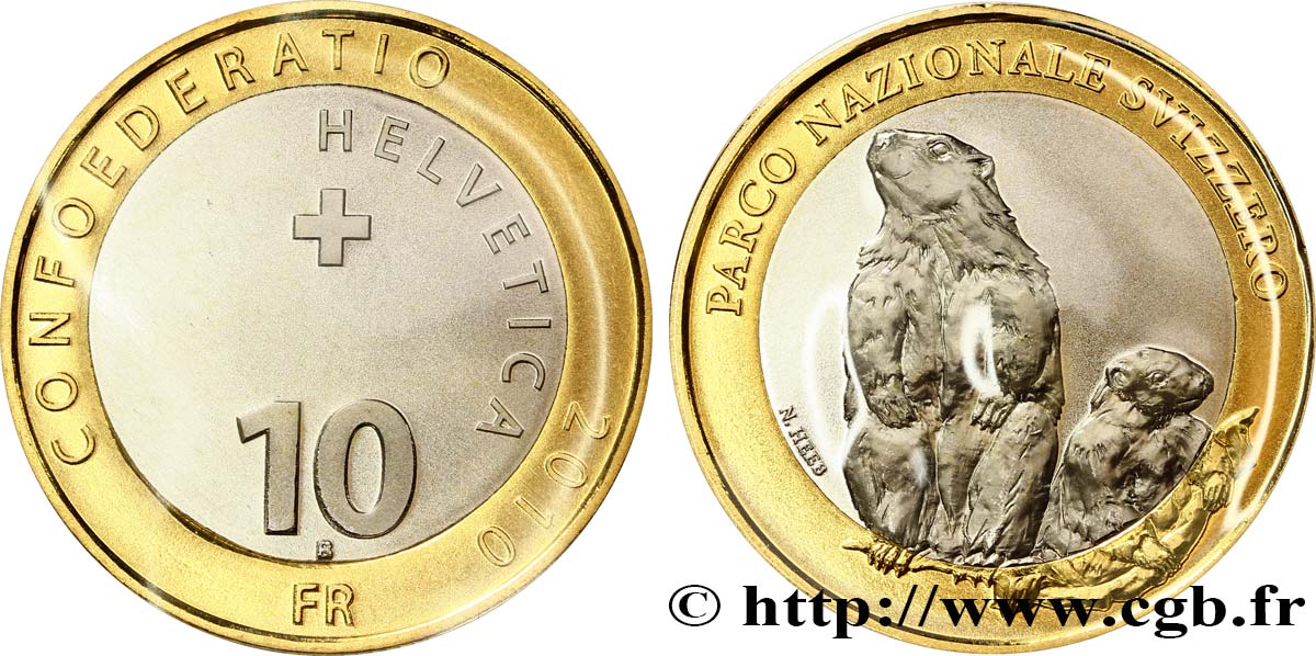 SWITZERLAND 10 Francs Parc National Suisse – marmottes 2010 Berne - B MS 