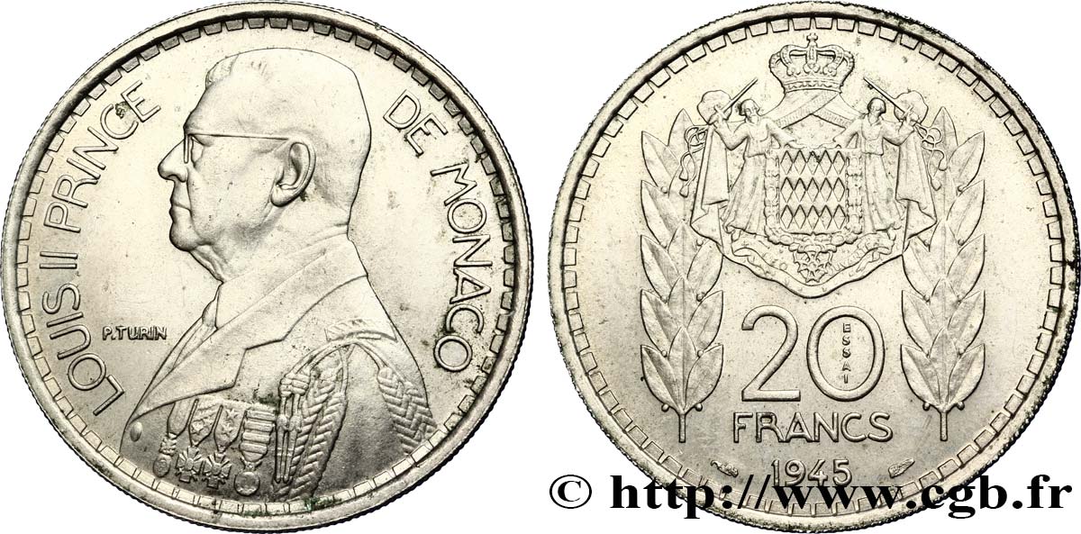 MONACO Essai de 20 Francs Louis II 1945 Paris MS 