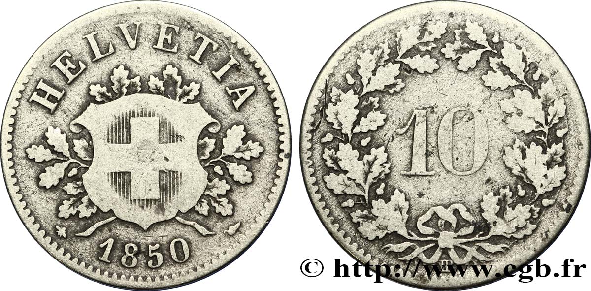 SUISSE 10 Centimes (Rappen) croix suisse 1850 Strasbourg - BB TB+ 