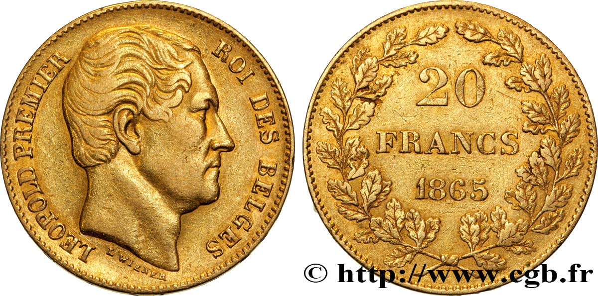 BELGIUM 20 Francs or Léopold Ier 1865 Bruxelles XF 