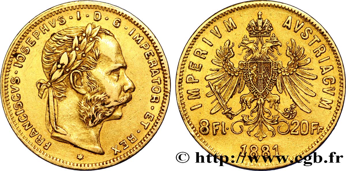 AUTRICHE 8 Florins ou 20 Francs or François-Joseph Ier 1881 Vienne TTB 