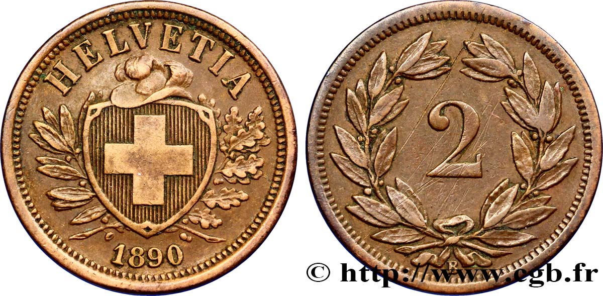 SCHWEIZ 2 Centimes (Rappen) croix suisse 1890 Berne - B VZ 