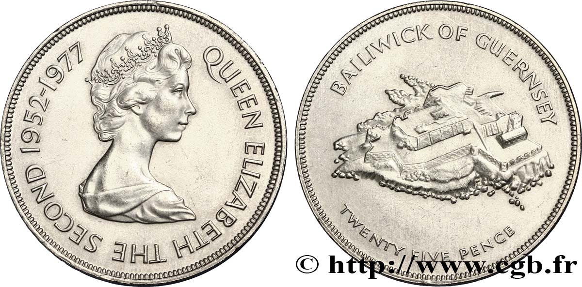 GUERNESEY 25 Pence Elisabeth II, jubilé d’argent / Castle Cornet 1977  SUP 