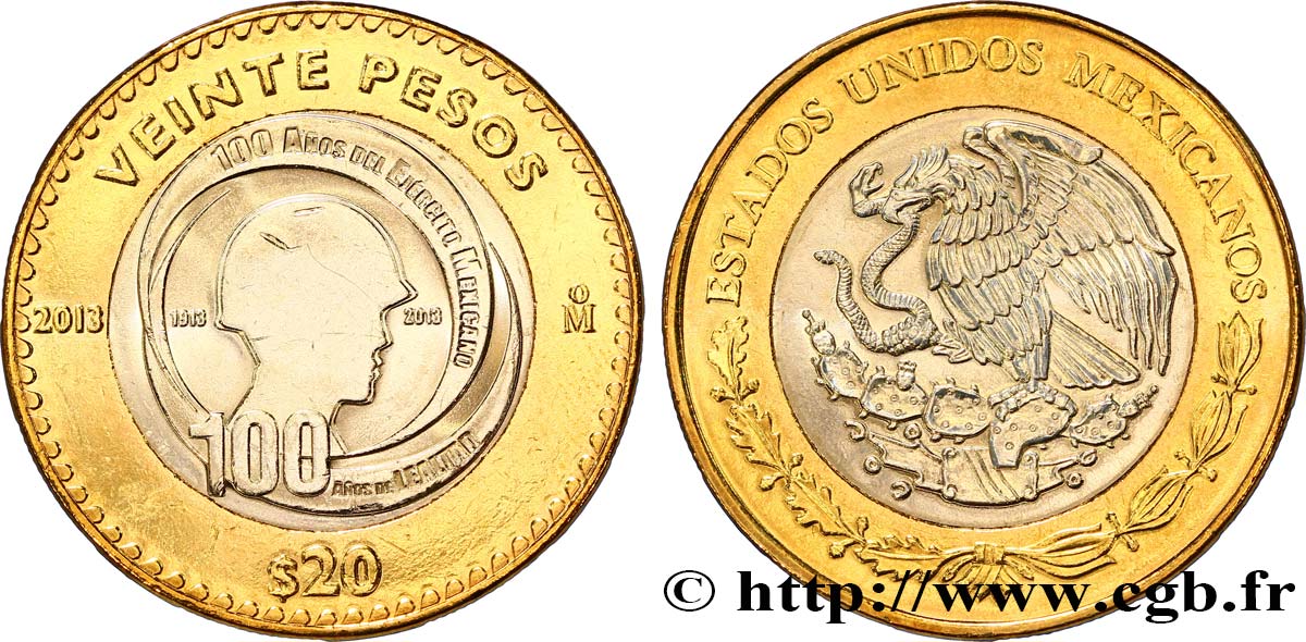 MEXICO 20 Pesos centenaire de l’Armée Mexicaine 2013  MS 