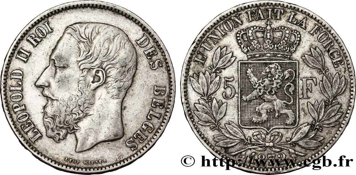 BELGIUM 5 Francs Léopold II / Écu couronné 1872  VF 