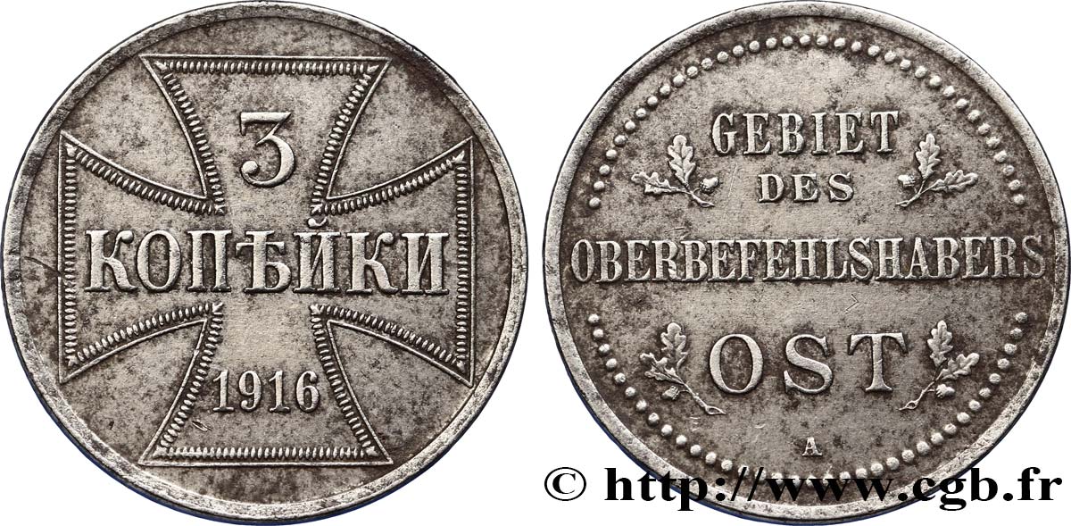 DEUTSCHLAND 3 Kopecks Monnaie d’occupation du commandement supérieur du front Est 1916 Berlin SS 