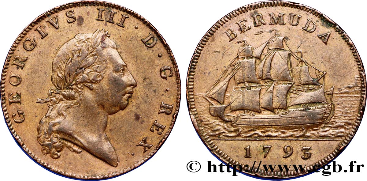 BERMUDES 1 Penny Georges III / voilier 1793  TTB+ 