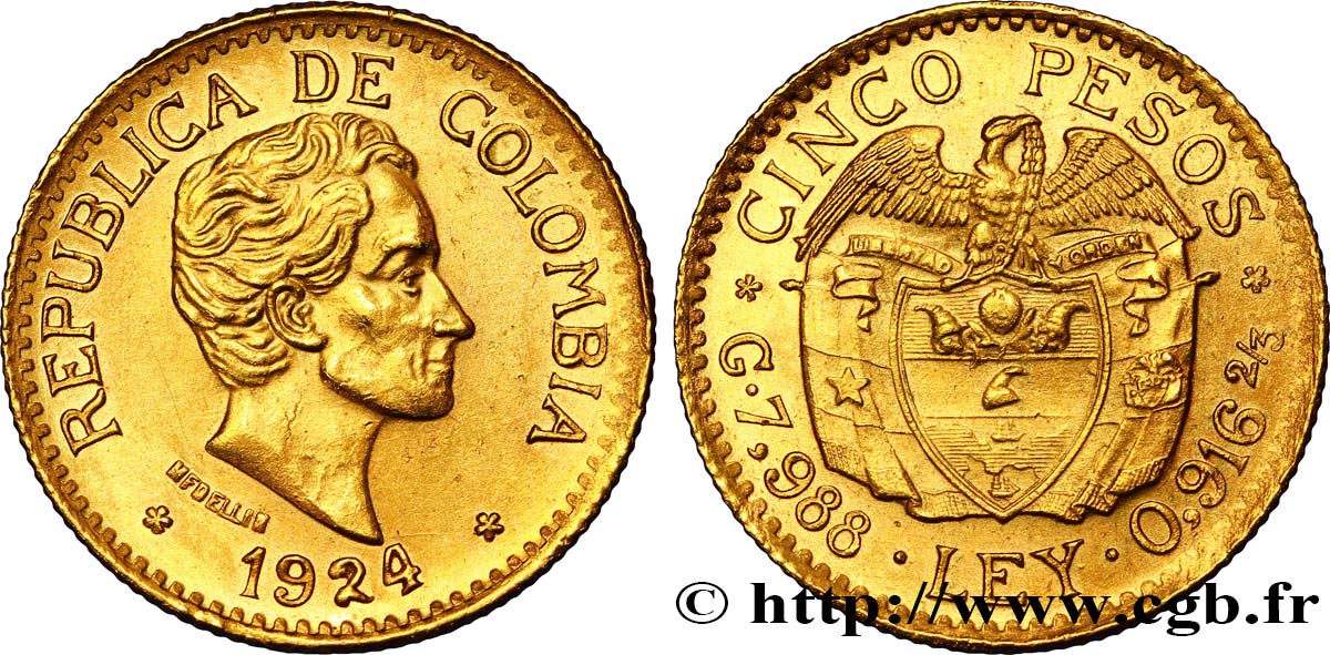 COLOMBIE 5 Pesos or Simon Bolivar 1924 Medellin SUP 