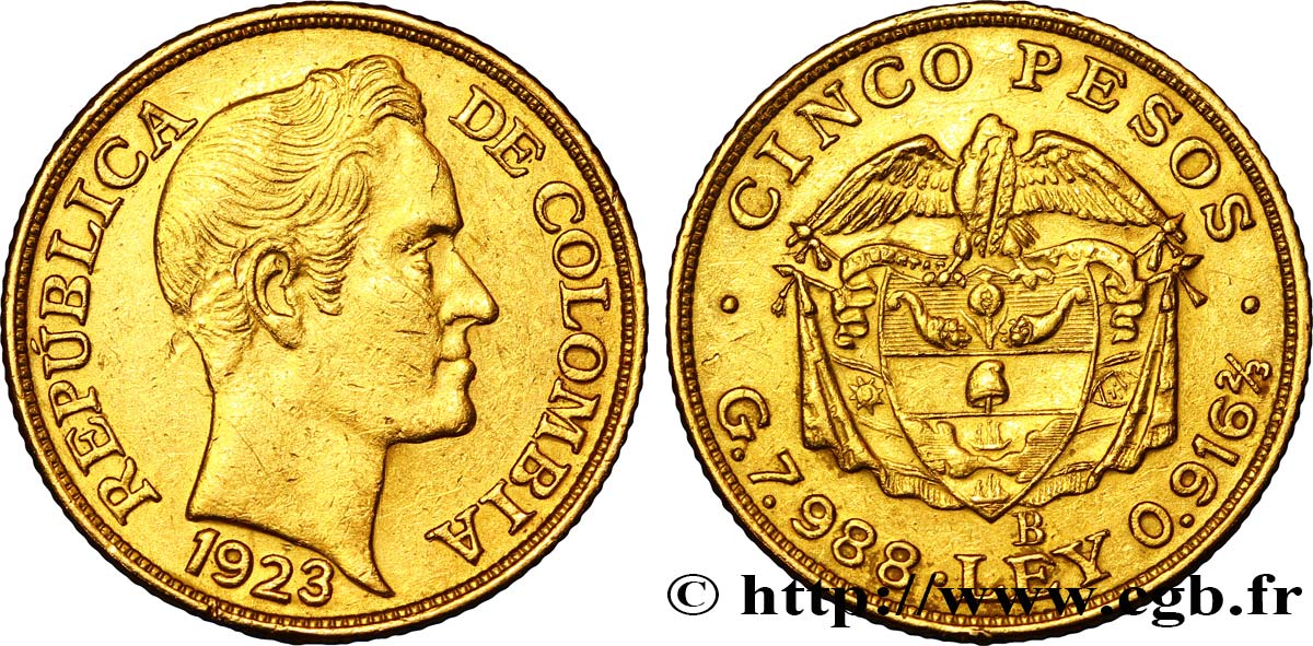 COLOMBIE 5 Pesos or type grosse tête Simon Bolivar 1923 Bogota TTB 