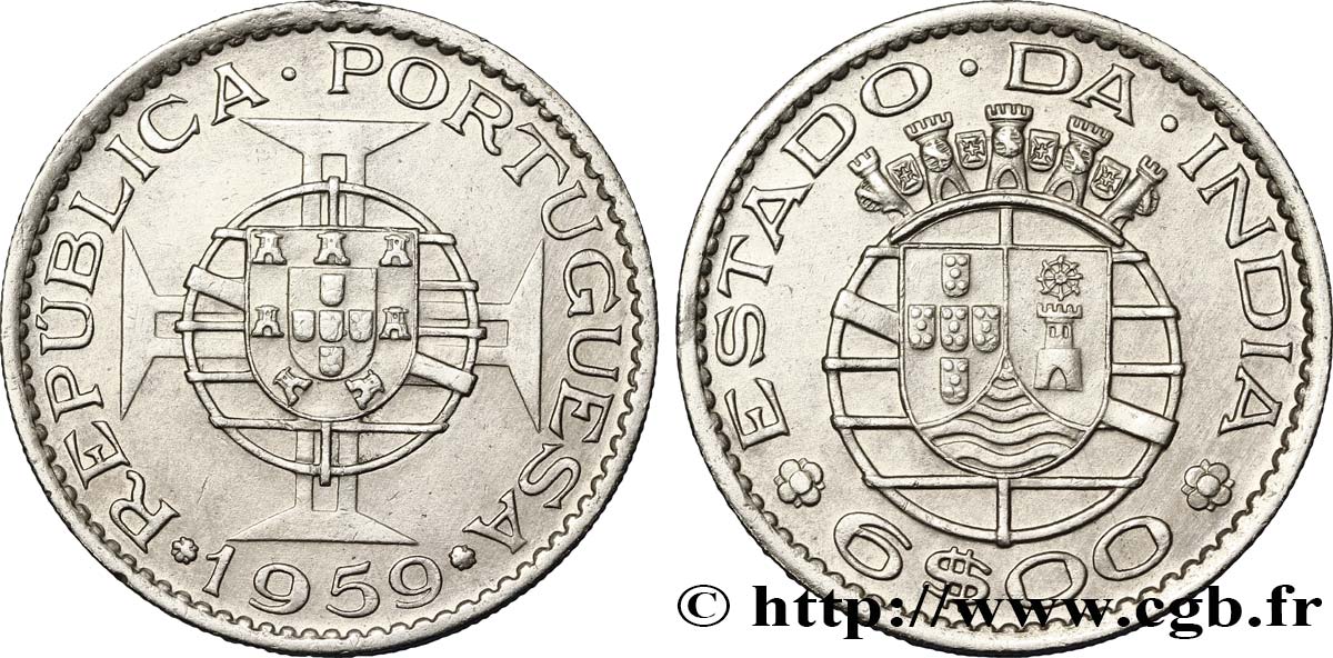 INDE PORTUGAISE 6 Escudos emblème du Portugal / emblème de l’État portugais de l Inde 1959  SUP 