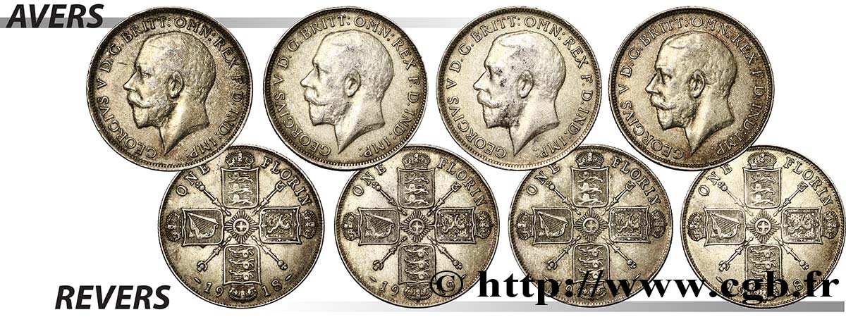 ROYAUME-UNI Lot de 4 pièces de 1 florin Georges V 1918-1919 Londres TTB+ 