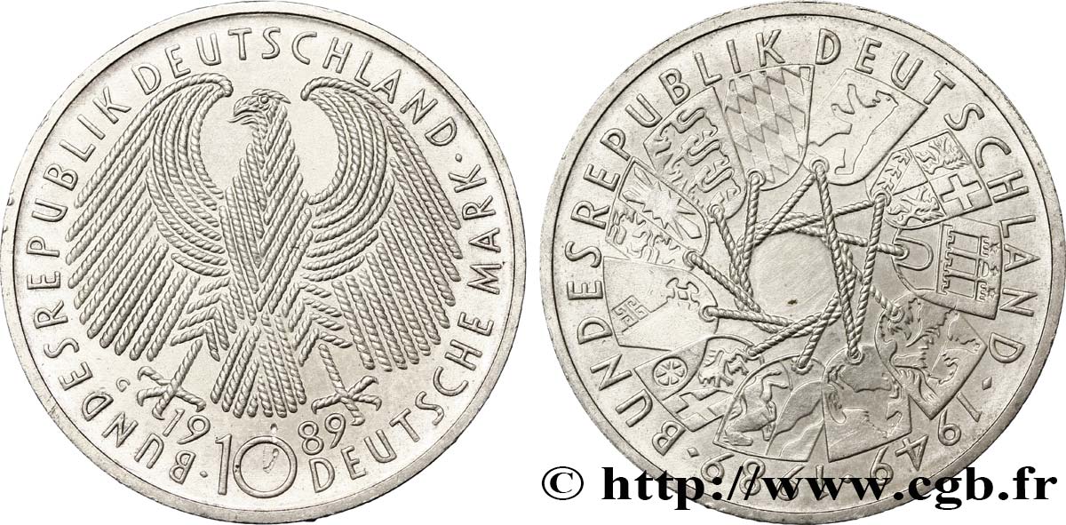 ALLEMAGNE 10 Mark aigle héraldique / 50e anniversaire de la fondation de la République Fédérale Allemande 1989 Karlsruhe SUP 