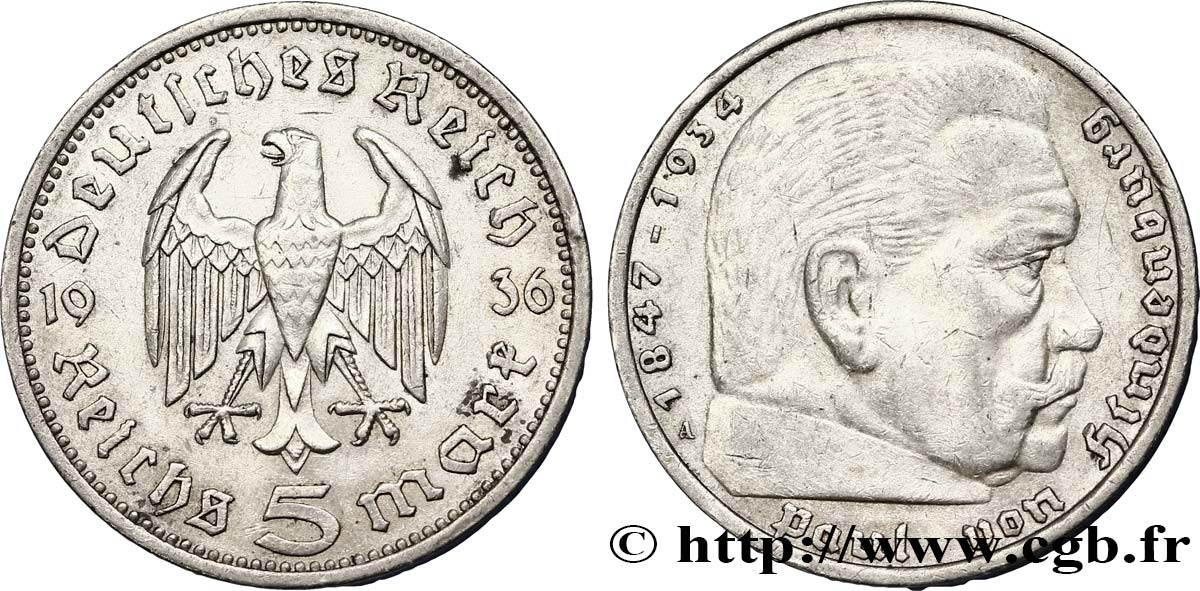 DEUTSCHLAND 5 Reichsmark Maréchal Paul von Hindenburg 1936 Berlin VZ 