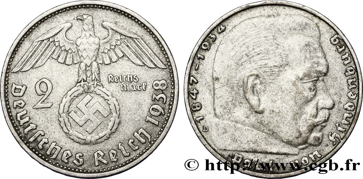 ALLEMAGNE 2 Reichsmark aigle surmontant une swastika / Maréchal Paul von Hindenburg 1938 Munich - D TTB 