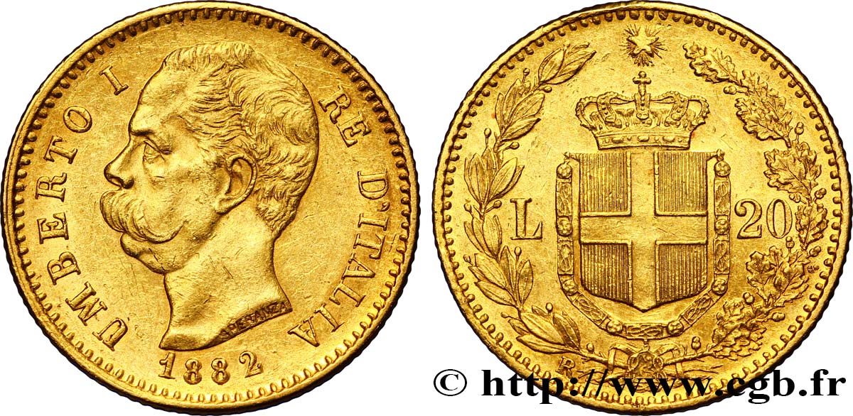 ITALY 20 Lire Umberto Ier 1882 Rome AU 