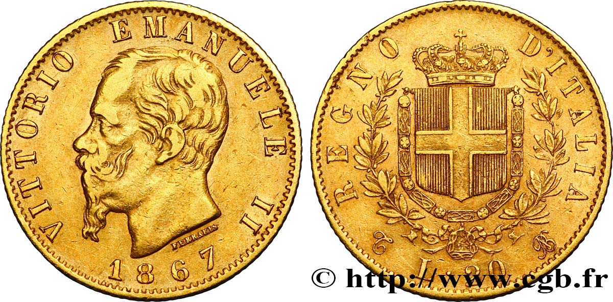 ITALIA 20 Lire Victor Emmanuel II  1867 Turin MBC+ 