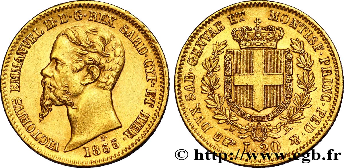 ITALY - KINGDOM OF SARDINIA 20 Lire Victor-Emmanuel II 1855 Turin AU 