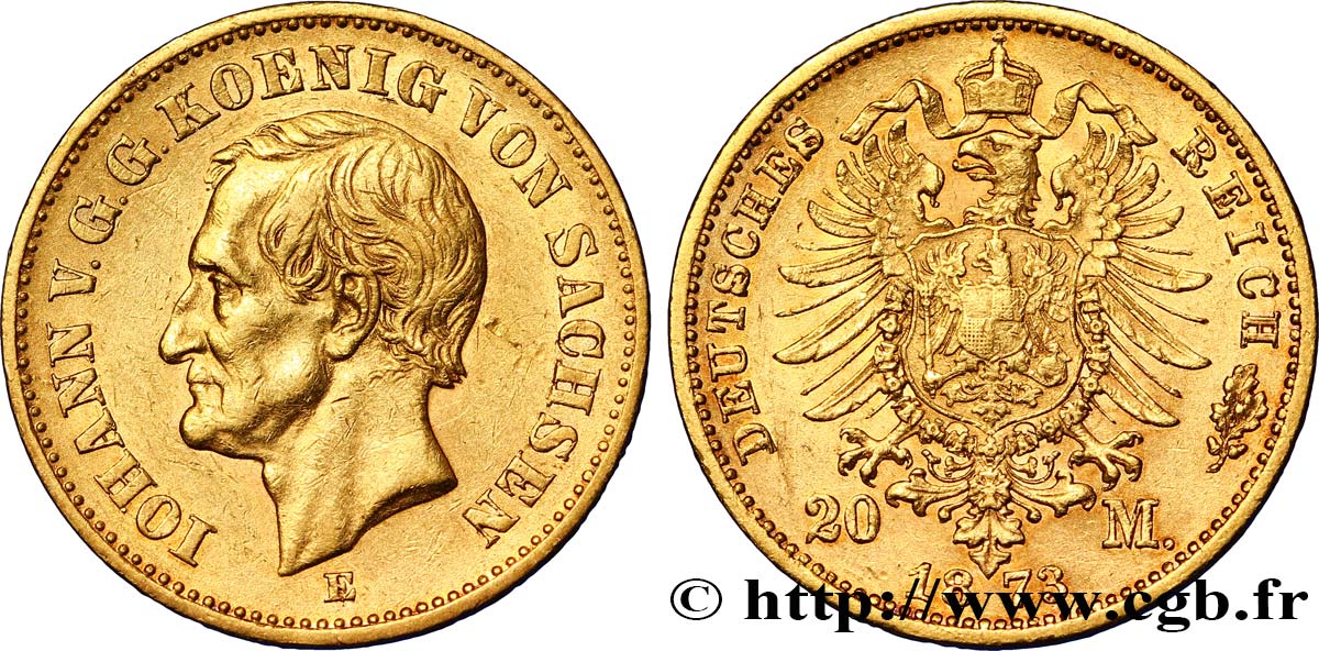 ALLEMAGNE - SAXE 20 Mark Royaume de Saxe : Jean, roi de Saxe / aigle impérial 1873 Dresde - E TTB+ 
