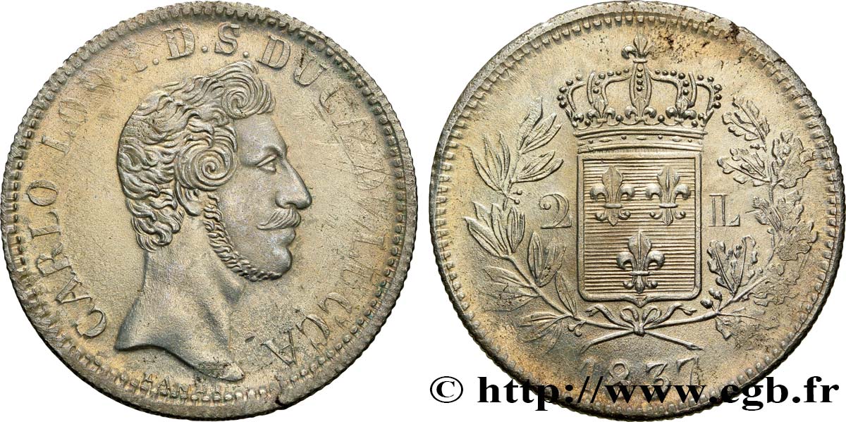 DUCHY OF LUCQUES - CHARLES LOUIS OF BOURBON 2 Lire 1837 Lucques MS 